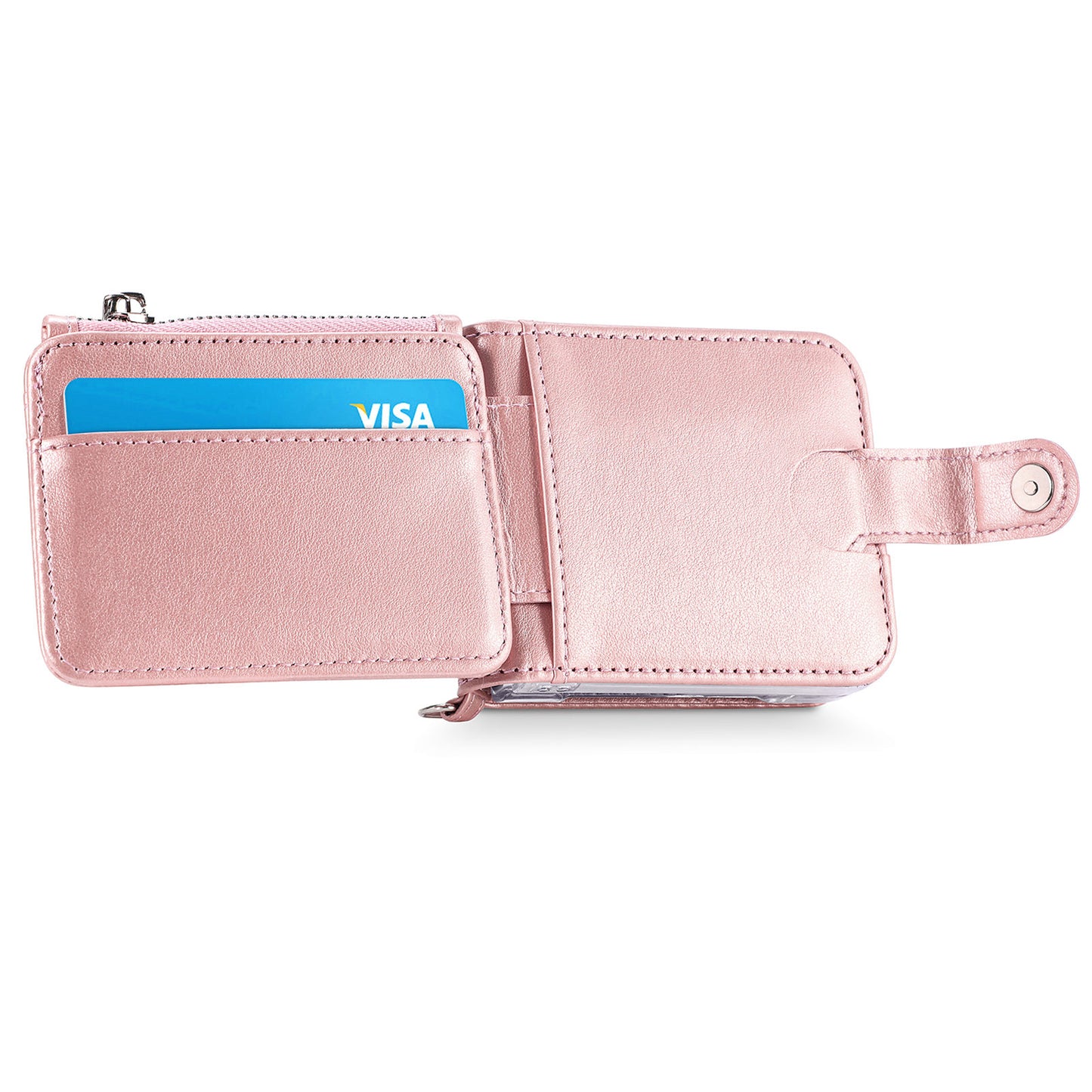 For Samsung Galaxy Z Flip6 5G Case Zipper Card Holder Leather Phone Cover with Long Strap - Pink