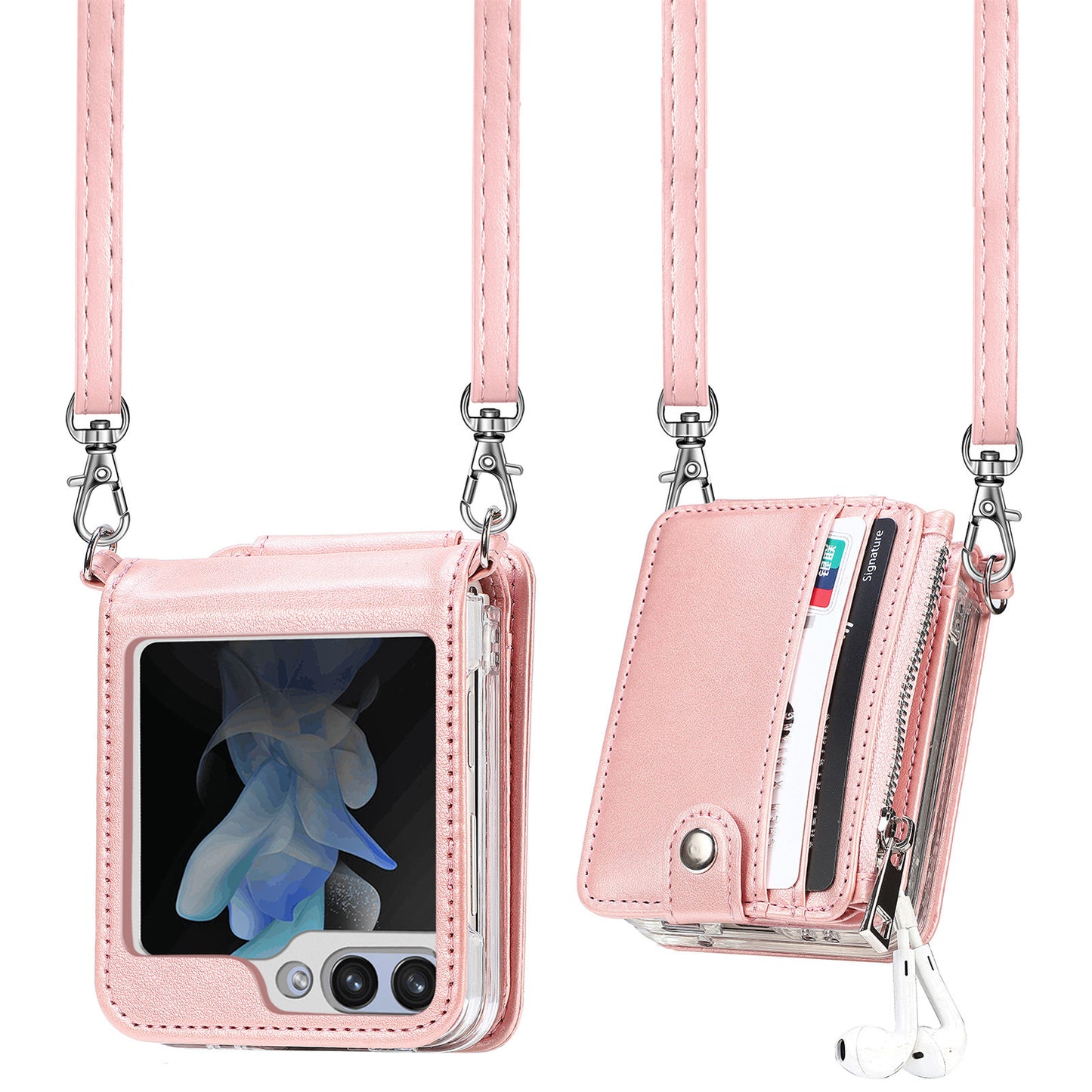 For Samsung Galaxy Z Flip6 5G Case Zipper Card Holder Leather Phone Cover with Long Strap - Pink