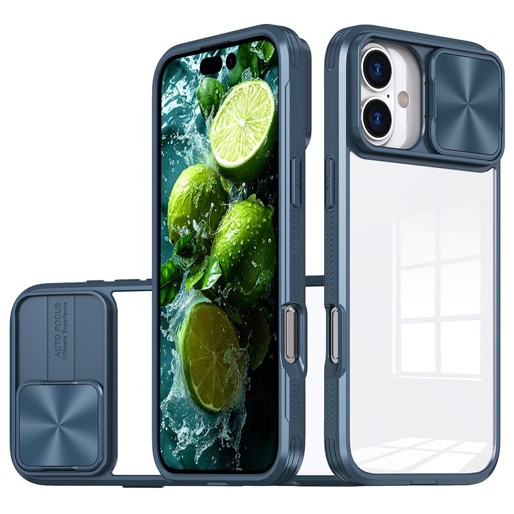 For iPhone 16 Case TPU+PC Clear Phone Cover with CD-Veins Camera Lens Sliding Lid - Navy Blue