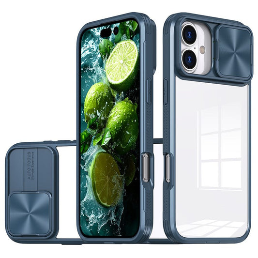For iPhone 16 Case TPU+PC Clear Phone Cover with CD-Veins Camera Lens Sliding Lid - Navy Blue