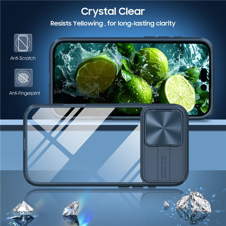 For iPhone 16 Case TPU+PC Clear Phone Cover with CD-Veins Camera Lens Sliding Lid - Navy Blue
