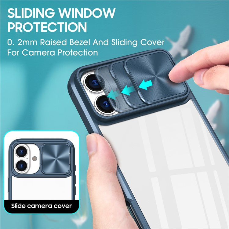 For iPhone 16 Case TPU+PC Clear Phone Cover with CD-Veins Camera Lens Sliding Lid - Navy Blue