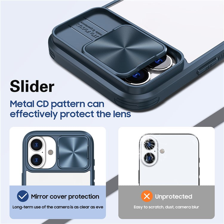 For iPhone 16 Case TPU+PC Clear Phone Cover with CD-Veins Camera Lens Sliding Lid - Navy Blue