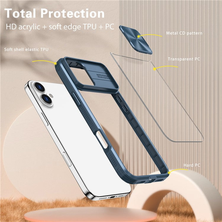 For iPhone 16 Case TPU+PC Clear Phone Cover with CD-Veins Camera Lens Sliding Lid - Navy Blue