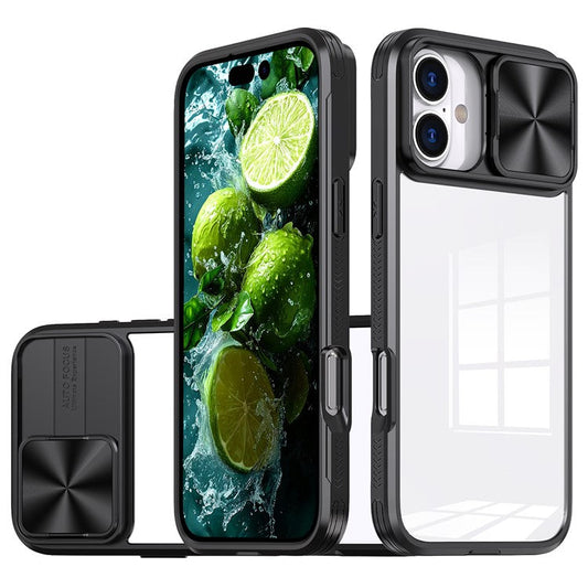 For iPhone 16 Plus Clear Case CD-Veins Camera Lens Sliding Lid TPU+PC Phone Cover - Black