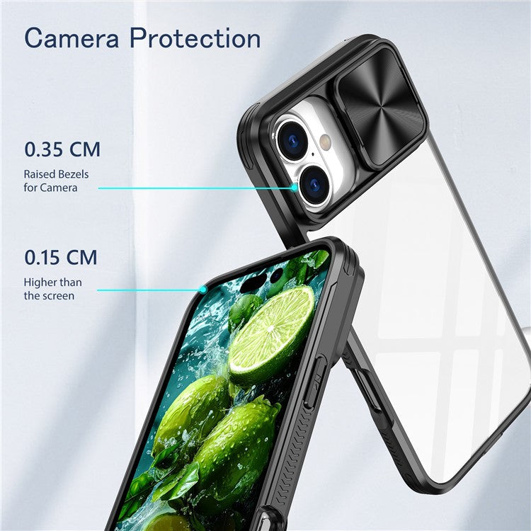 For iPhone 16 Plus Clear Case CD-Veins Camera Lens Sliding Lid TPU+PC Phone Cover - Black