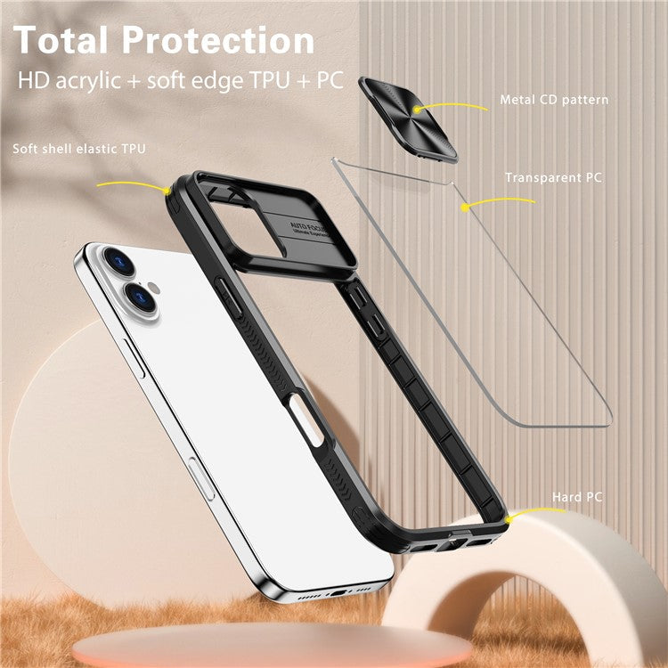 For iPhone 16 Plus Clear Case CD-Veins Camera Lens Sliding Lid TPU+PC Phone Cover - Black