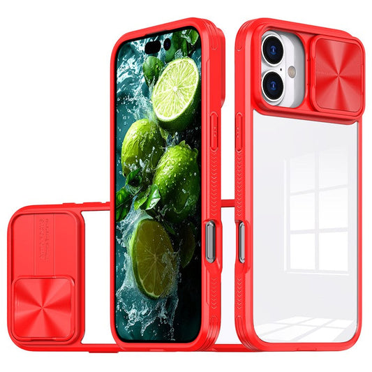For iPhone 16 Plus Clear Case CD-Veins Camera Lens Sliding Lid TPU+PC Phone Cover - Red