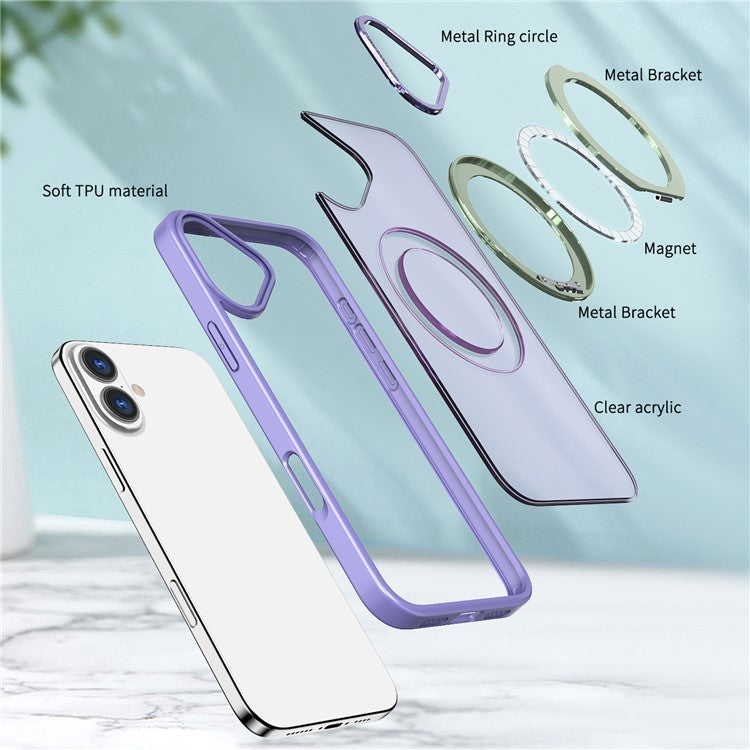 For iPhone 16 Case TPU+Acrylic Kickstand Magnetic Phone Cover - Light Purple