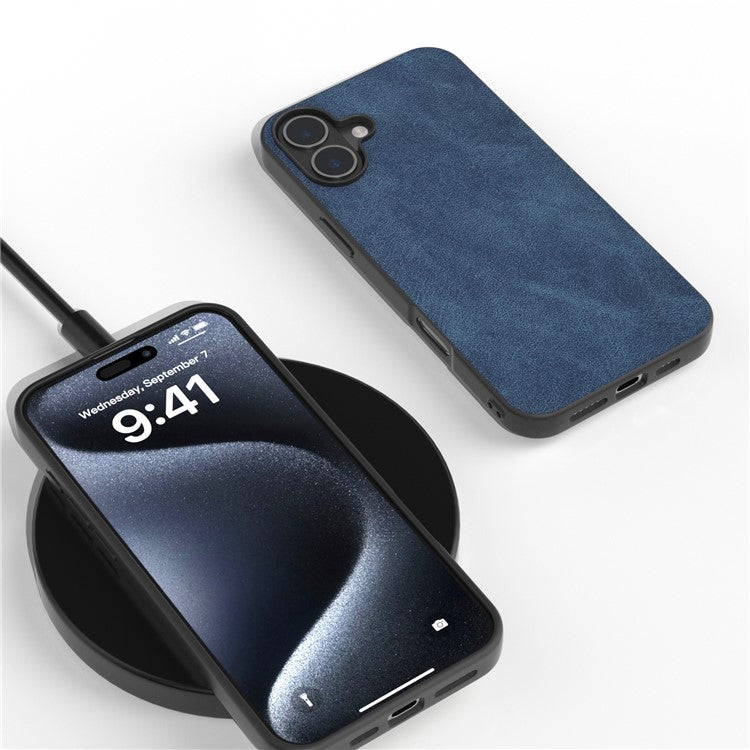 For iPhone 16 Case Anti-Scratch PU Leather Phone Back Cover Black Edge - Blue