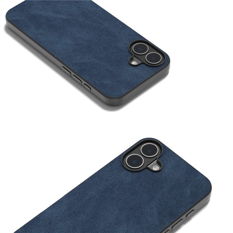 For iPhone 16 Case Anti-Scratch PU Leather Phone Back Cover Black Edge - Blue