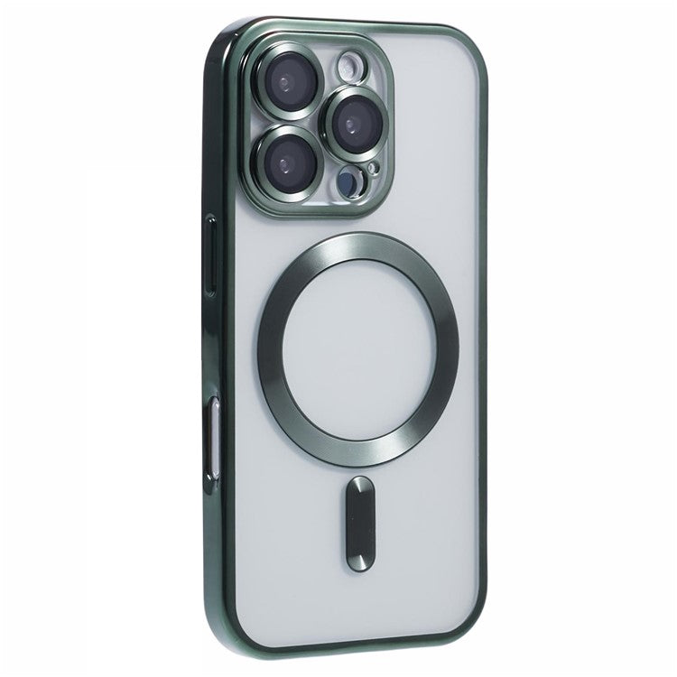 For iPhone 16 Pro Magnetic Case Soft TPU Electroplating Phone Cover with Lens Film - Midnight Green