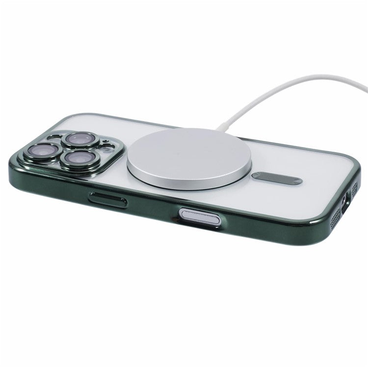 For iPhone 16 Pro Magnetic Case Soft TPU Electroplating Phone Cover with Lens Film - Midnight Green