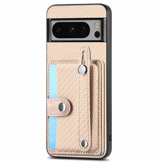 C1-01 For Google Pixel 8 Pro Case Card Holder Leather Back Cover Wristband Card Knife Tool - Khaki