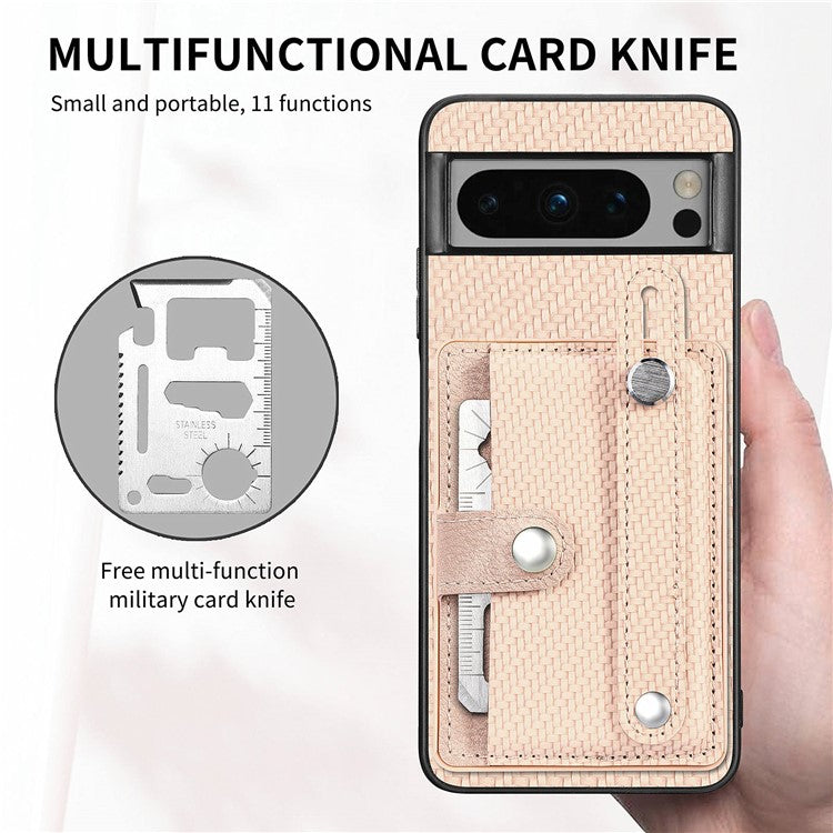 C1-01 For Google Pixel 8 Pro Case Card Holder Leather Back Cover Wristband Card Knife Tool - Khaki
