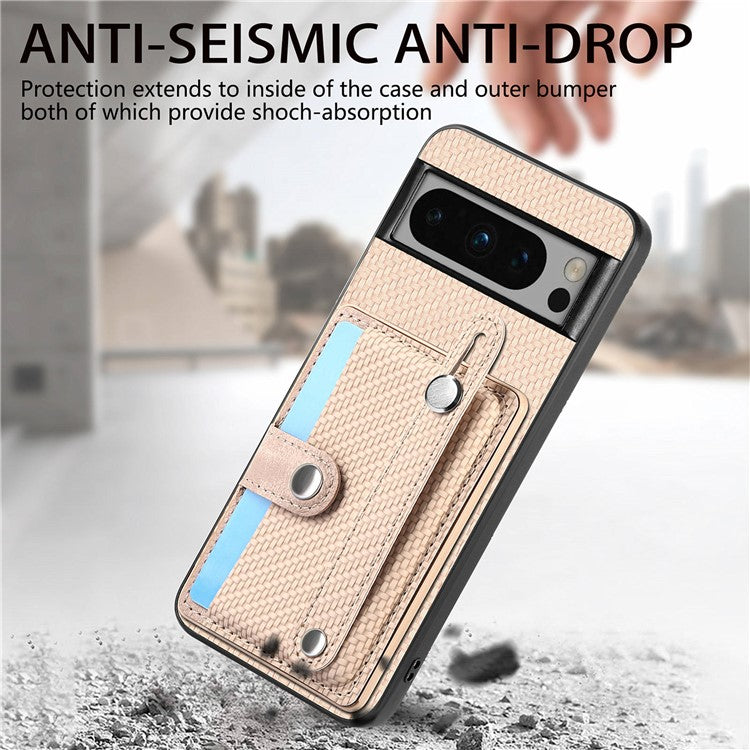 C1-01 For Google Pixel 8 Pro Case Card Holder Leather Back Cover Wristband Card Knife Tool - Khaki