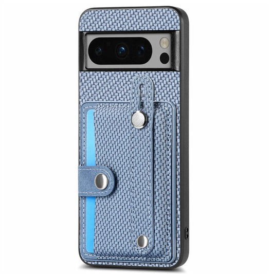 C1-01 For Google Pixel 8 Pro Case Card Holder Leather Back Cover Wristband Card Knife Tool - Blue