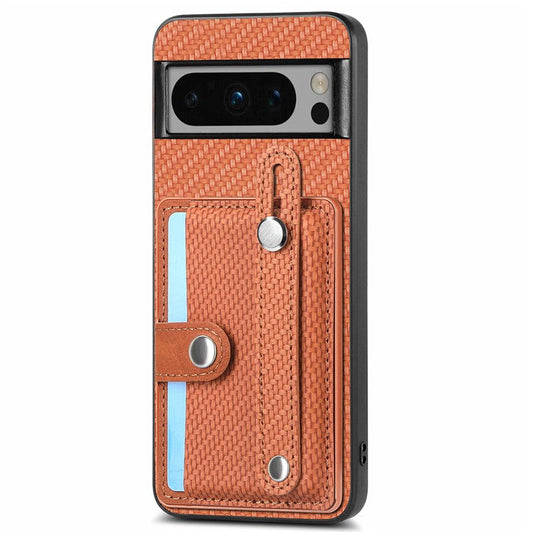 C1-01 For Google Pixel 8 Pro Case Card Holder Leather Back Cover Wristband Card Knife Tool - Brown