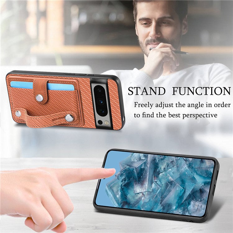 C1-01 For Google Pixel 8 Pro Case Card Holder Leather Back Cover Wristband Card Knife Tool - Brown