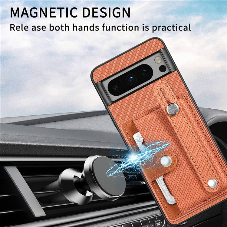 C1-01 For Google Pixel 8 Pro Case Card Holder Leather Back Cover Wristband Card Knife Tool - Brown