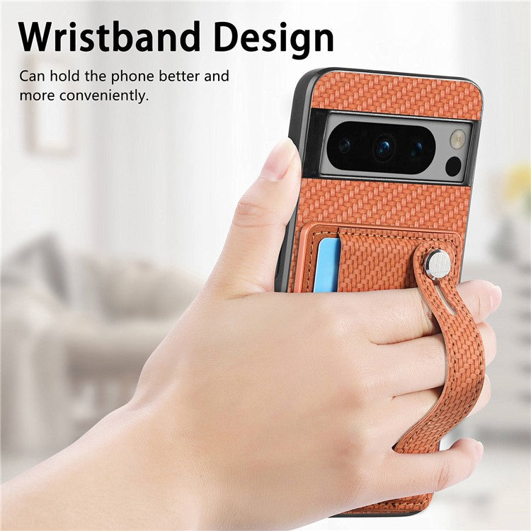 C1-01 For Google Pixel 8 Pro Case Card Holder Leather Back Cover Wristband Card Knife Tool - Brown
