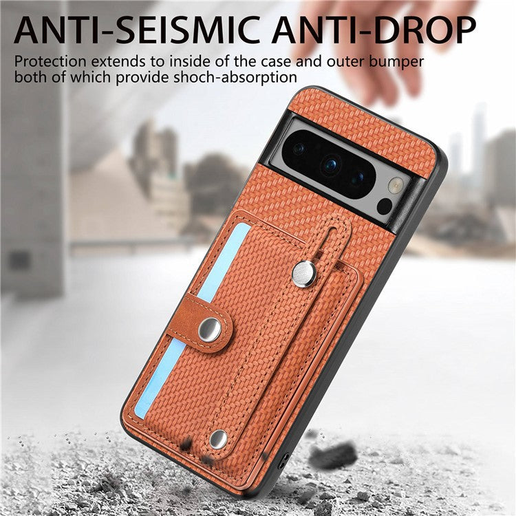 C1-01 For Google Pixel 8 Pro Case Card Holder Leather Back Cover Wristband Card Knife Tool - Brown