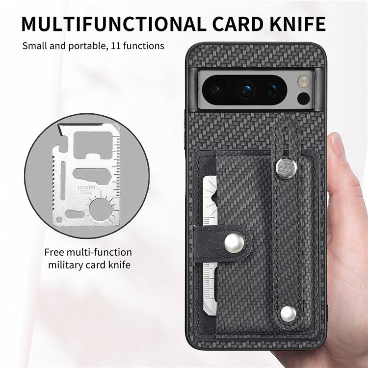 C1-01 For Google Pixel 8 Pro Case Card Holder Leather Back Cover Wristband Card Knife Tool - Black