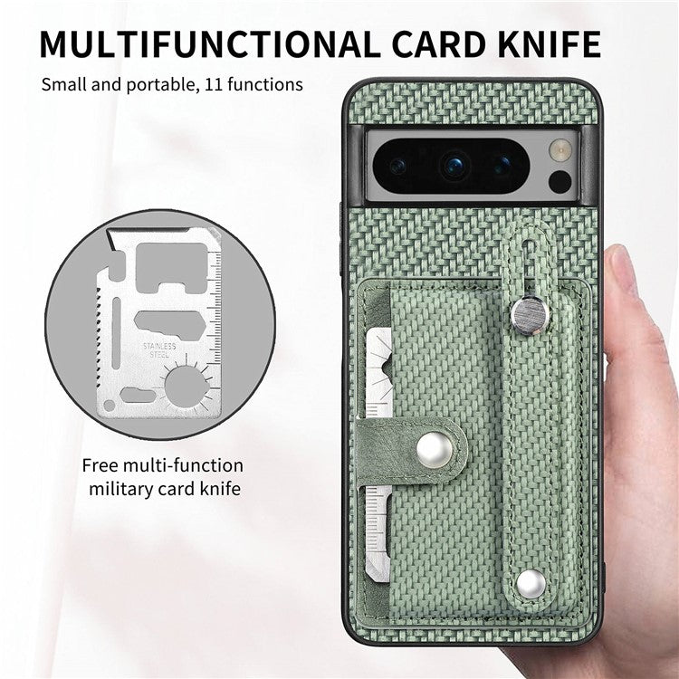 C1-01 For Google Pixel 8 Pro Case Card Holder Leather Back Cover Wristband Card Knife Tool - Green