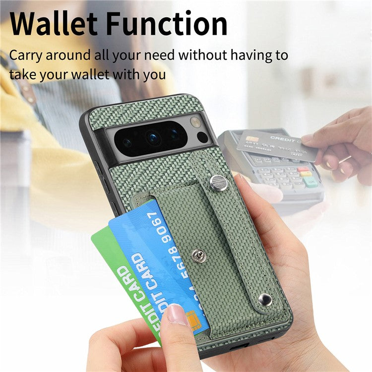 C1-01 For Google Pixel 8 Pro Case Card Holder Leather Back Cover Wristband Card Knife Tool - Green