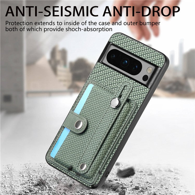 C1-01 For Google Pixel 8 Pro Case Card Holder Leather Back Cover Wristband Card Knife Tool - Green