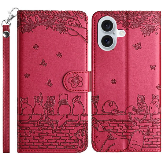 For iPhone 16 Plus Case with Wrist Strap Leather Phone Cover Wall Cats Pattern - Red