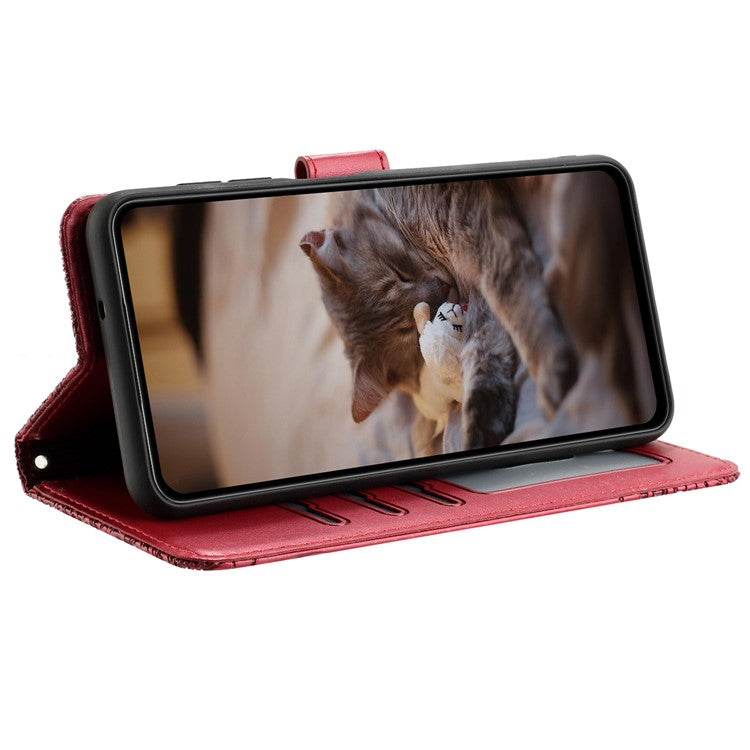 For iPhone 16 Plus Case with Wrist Strap Leather Phone Cover Wall Cats Pattern - Red