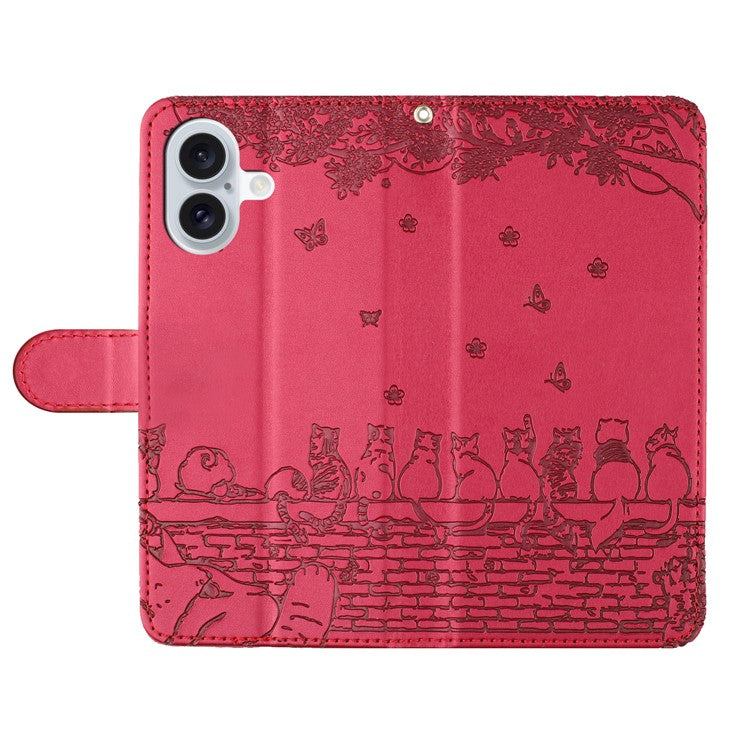 For iPhone 16 Plus Case with Wrist Strap Leather Phone Cover Wall Cats Pattern - Red