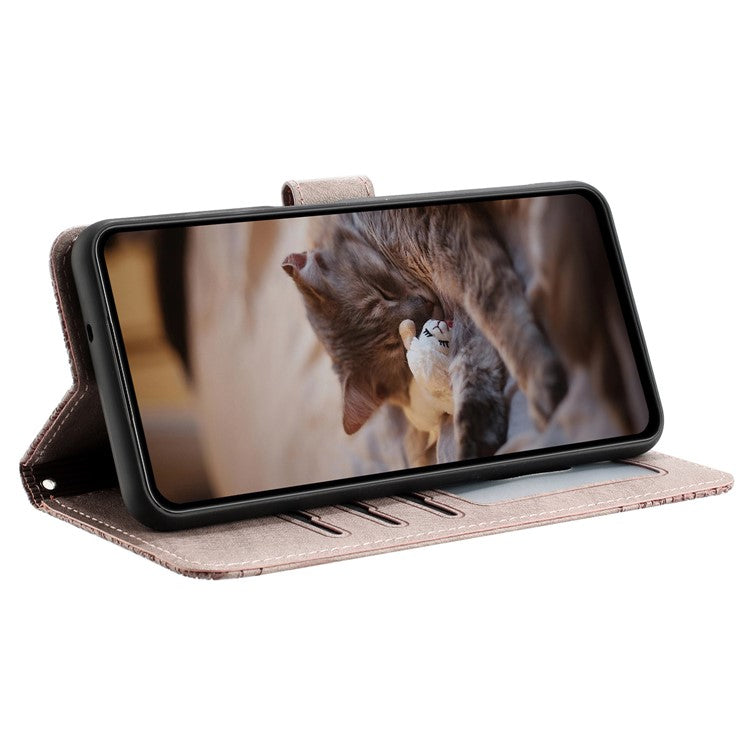 For iPhone 16 Case with Wrist Strap Leather Phone Cover Wall Cats Pattern - Smoky Purple