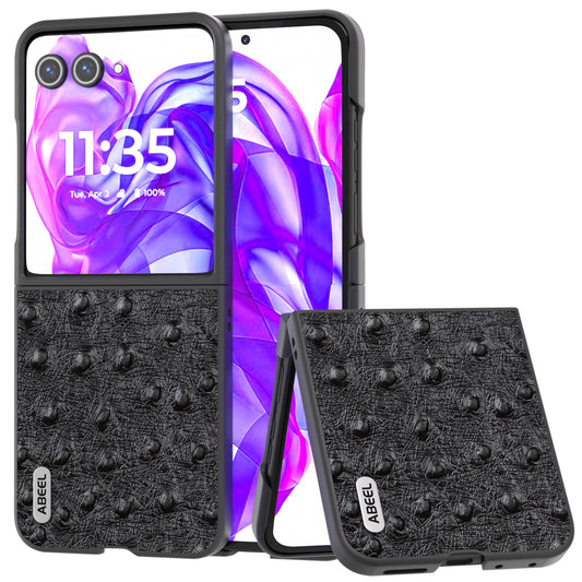 ABEEL For Motorola Razr 50 Ultra 5G Case Ostrich Texture Genuine Cow Leather+PC Phone Cover - Black
