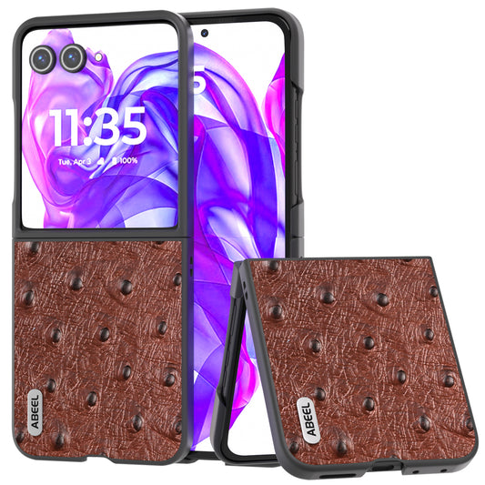 ABEEL For Motorola Razr 50 Ultra 5G Case Ostrich Texture Genuine Cow Leather+PC Phone Cover - Coffee