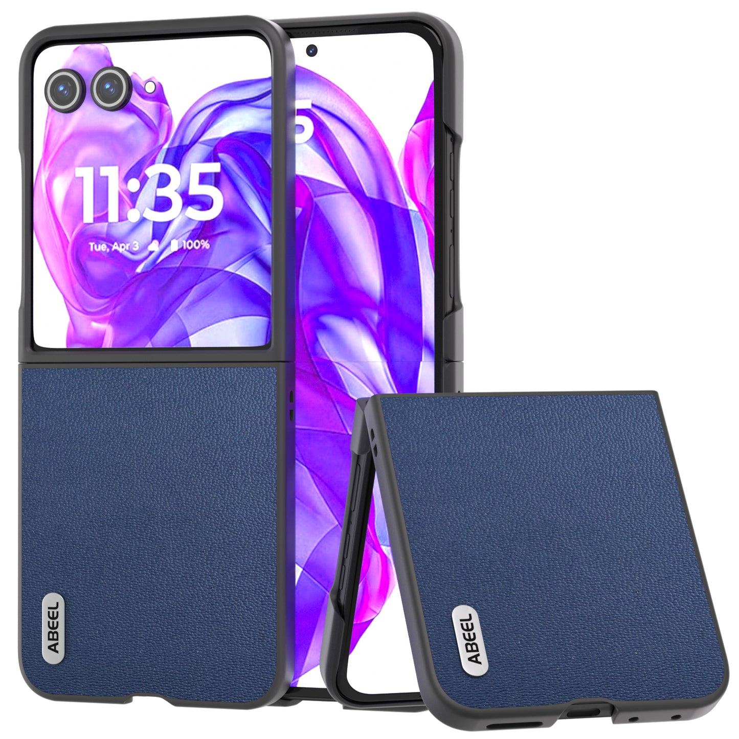ABEEL For Motorola Razr 50 Ultra 5G Case Black Edge Genuine Cow Leather+PC Cover - Blue