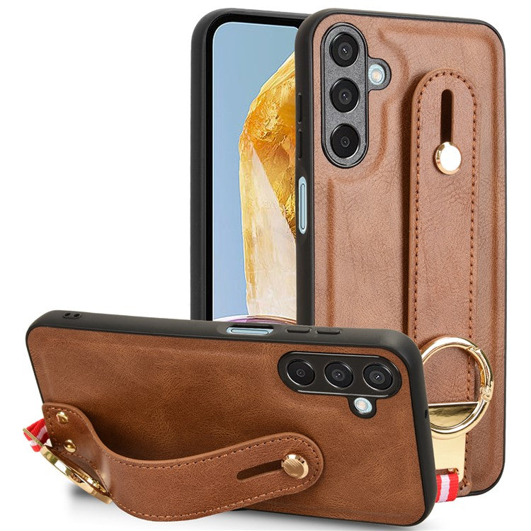 For Samsung Galaxy M15 5G Case Bottle Opener Wristband Leather+PC+TPU Phone Cover - Brown