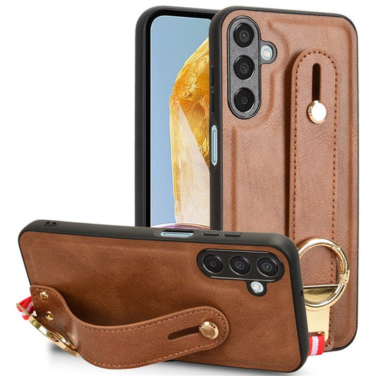 For Samsung Galaxy M15 5G Case Bottle Opener Wristband Leather+PC+TPU Phone Cover - Brown