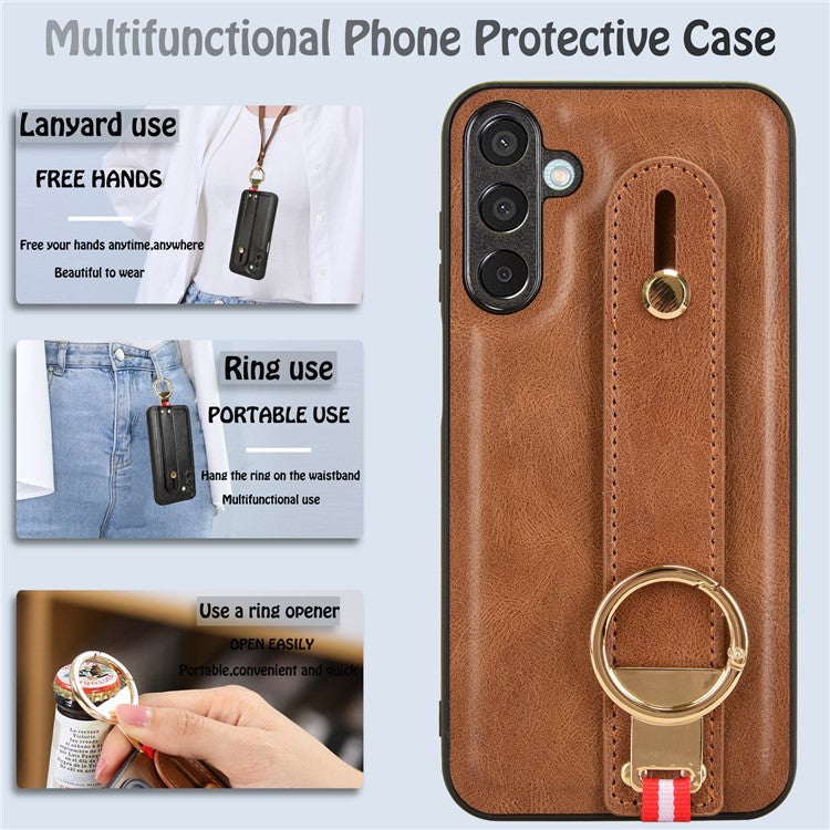 For Samsung Galaxy M15 5G Case Bottle Opener Wristband Leather+PC+TPU Phone Cover - Brown