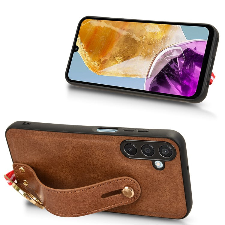 For Samsung Galaxy M15 5G Case Bottle Opener Wristband Leather+PC+TPU Phone Cover - Brown