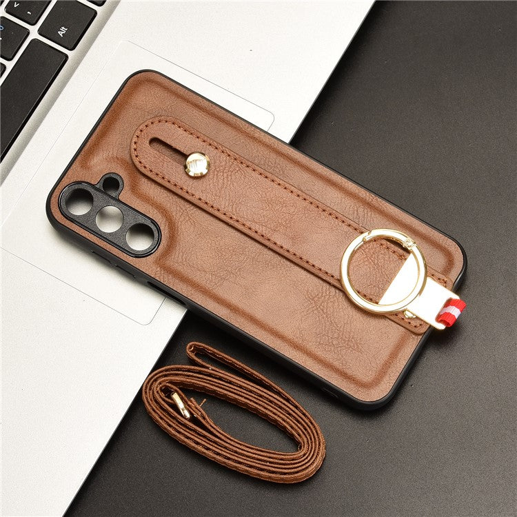 For Samsung Galaxy M15 5G Case Bottle Opener Wristband Leather+PC+TPU Phone Cover - Brown