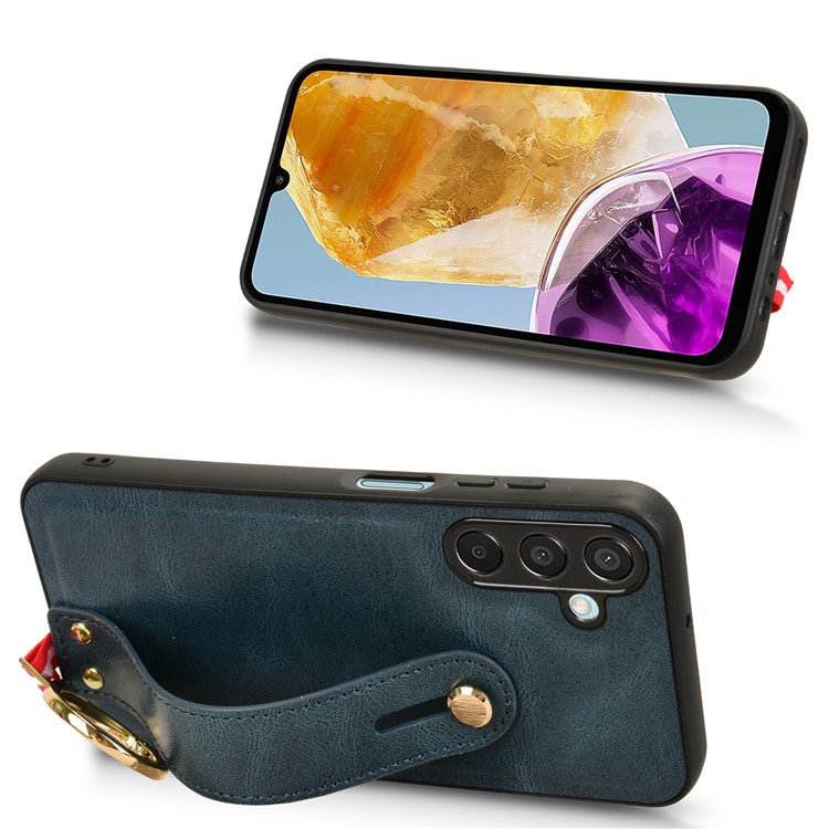 For Samsung Galaxy M15 5G Case Bottle Opener Wristband Leather+PC+TPU Phone Cover - Blue