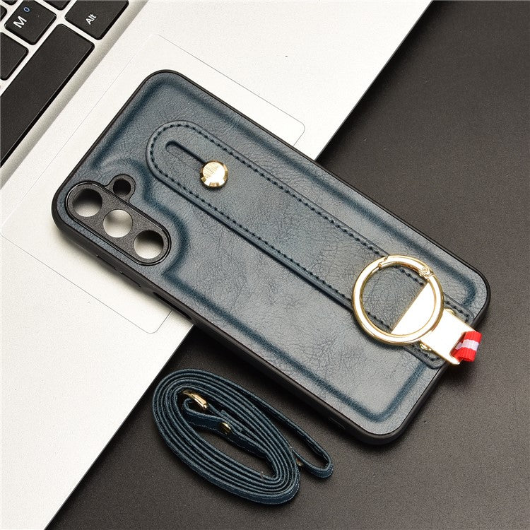 For Samsung Galaxy M15 5G Case Bottle Opener Wristband Leather+PC+TPU Phone Cover - Blue