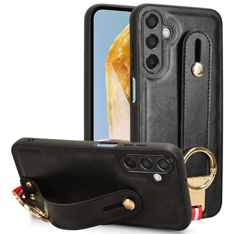 For Samsung Galaxy M15 5G Case Bottle Opener Wristband Leather+PC+TPU Phone Cover - Black