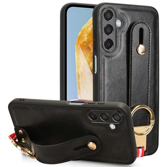 For Samsung Galaxy M15 5G Case Bottle Opener Wristband Leather+PC+TPU Phone Cover - Black