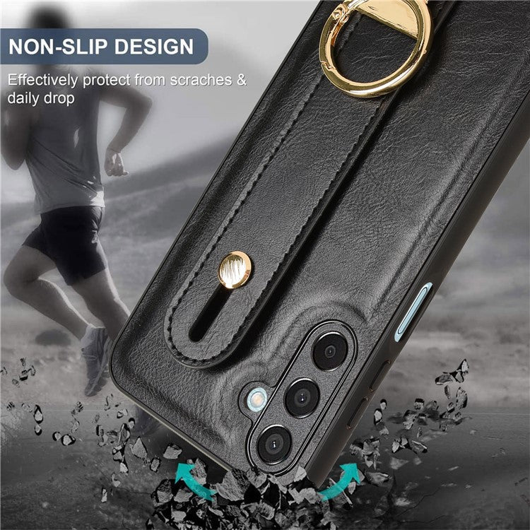 For Samsung Galaxy M15 5G Case Bottle Opener Wristband Leather+PC+TPU Phone Cover - Black