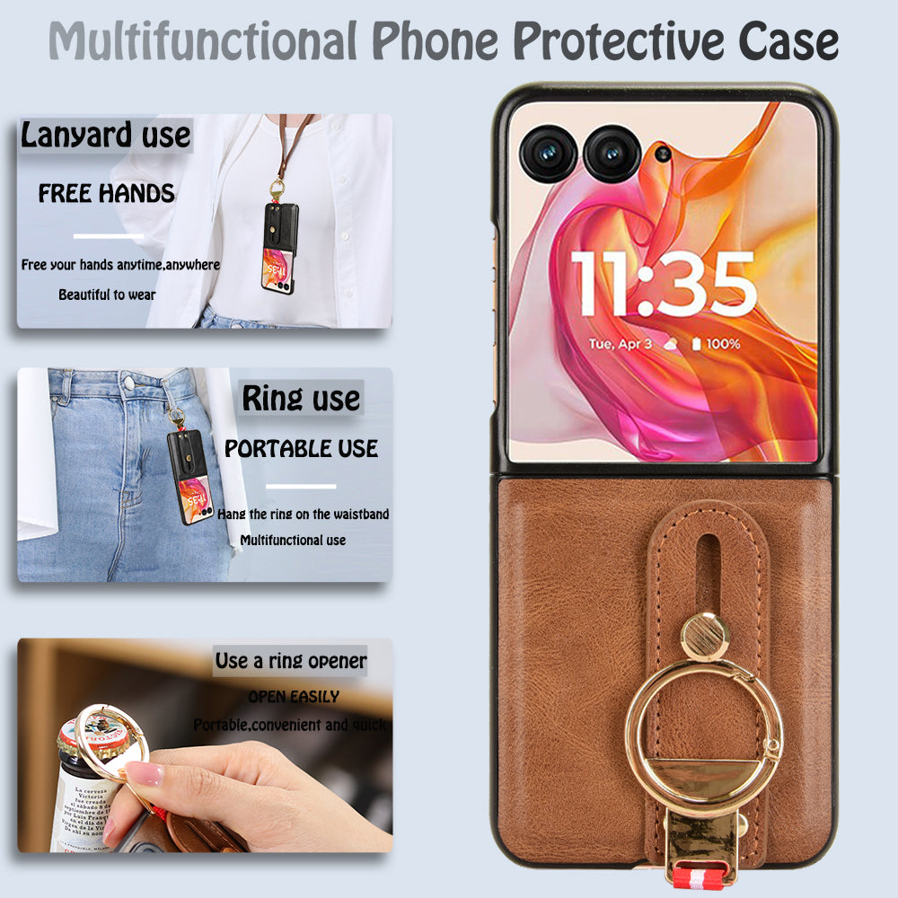 For Motorola Razr 50 Ultra 5G Case Wristband Leather+PC+TPU Cover with Bottle Opener - Brown