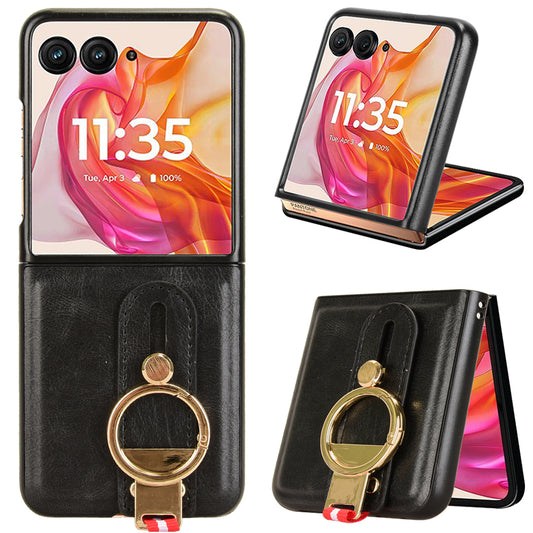 For Motorola Razr 50 Ultra 5G Case Wristband Leather+PC+TPU Cover with Bottle Opener - Black