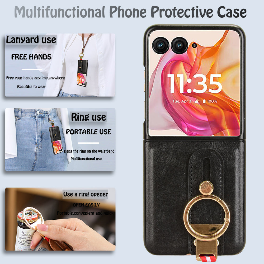 For Motorola Razr 50 Ultra 5G Case Wristband Leather+PC+TPU Cover with Bottle Opener - Black